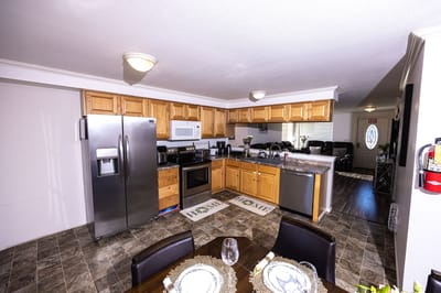Interior view of a kitchen space with appliances