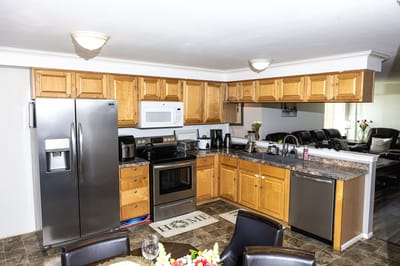 A well-equipped kitchen in a senior living facility