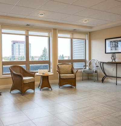 A bright and inviting seating area with windows