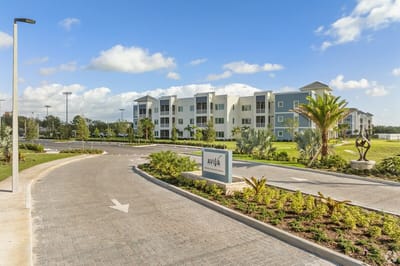 Entrance view of a modern assisted living facility