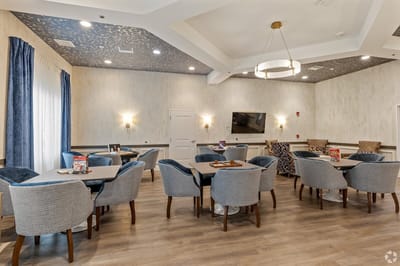 Bright common area with seating and games