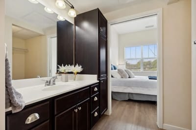 Brightly lit bathroom with modern fixtures