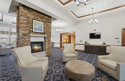Cozy common area with seating and fireplace