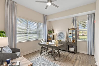 Bright, inviting interior space with a desk and windows