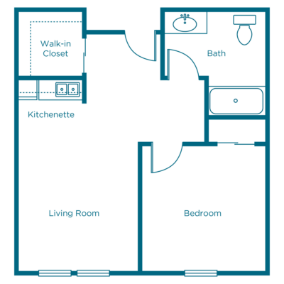 Architectural floor plan of a one-bedroom unit