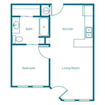 Architectural floor plan of a one-bedroom unit