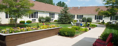 Beautiful outdoor space with flowers and seating