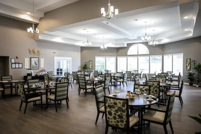 Bright dining room in a senior living facility
