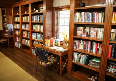 Interior view of a library area with bookshelves