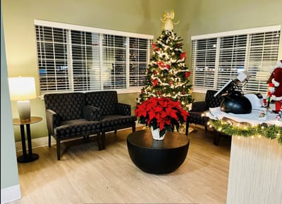 Interior common area decorated for the holidays