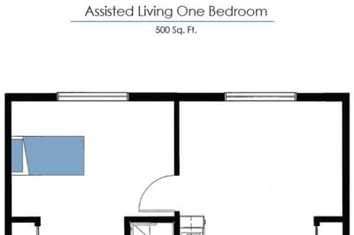 Architectural floor plan of a one-bedroom unit