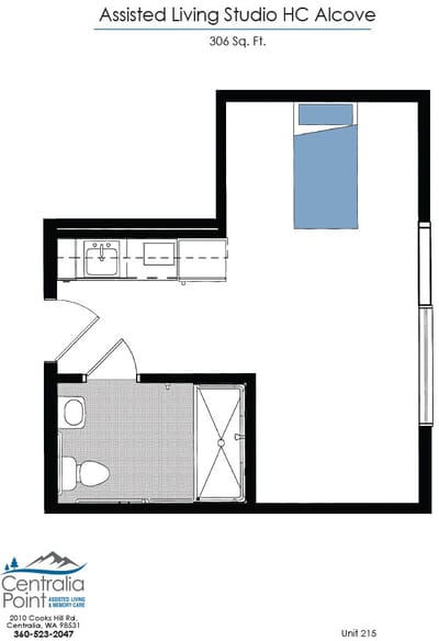 Floor plan of an assisted living studio alcove