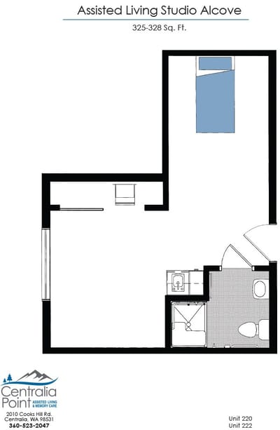 Architectural floor plan of a studio alcove unit