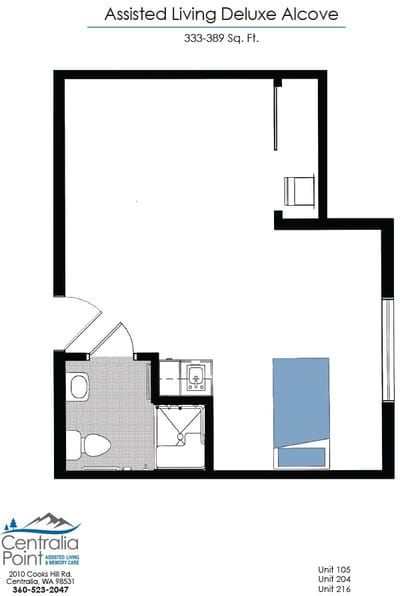 Architectural floor plan of a deluxe alcove unit