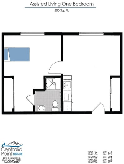 Architectural floor plan of an assisted living one bedroom