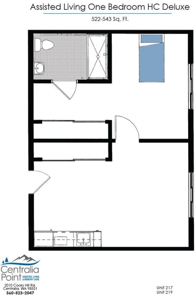 Architectural floor plan of a one-bedroom unit