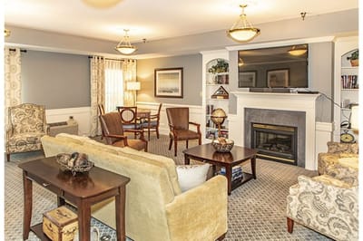 Cozy common area with seating and fireplace