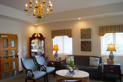 Cozy interior common area with seating and decorations