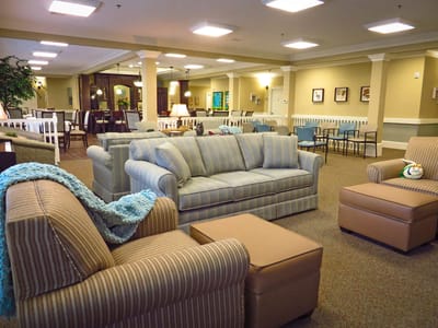 Comfortable lounge area in a senior living facility