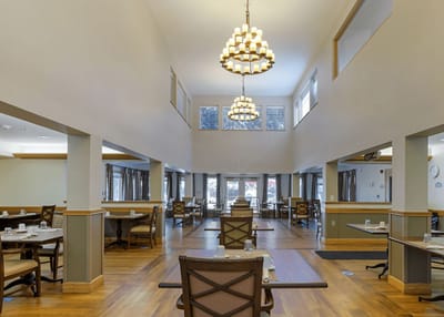 Bright dining area with elegant lighting and furnishings