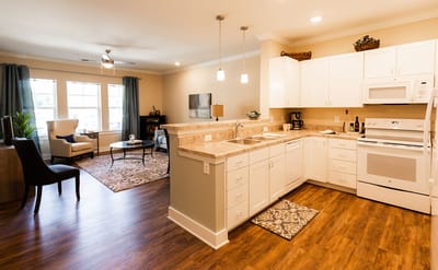 A well-furnished kitchen and living area in a senior apartment