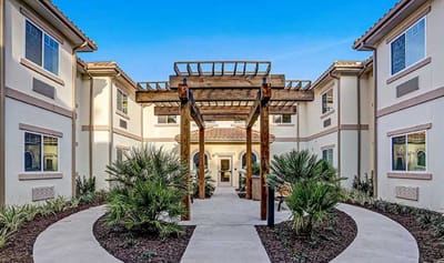 Outdoor courtyard with pathways and landscaping