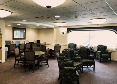 Common area with seating and computer stations