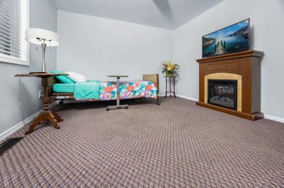 Bright resident room with a bed and fireplace