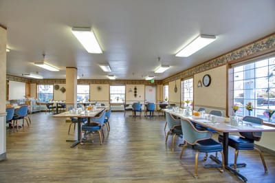 Bright dining area with set tables and flowers