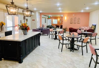 Bright common area with seating and decor