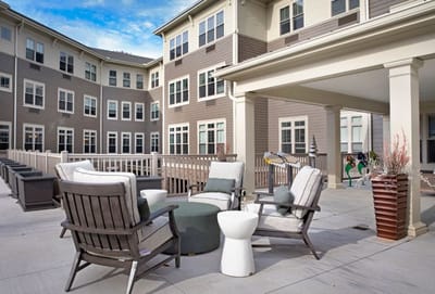 Outdoor seating area of a senior living facility