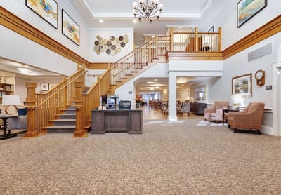 Interior view of a welcoming lobby in a senior living facility