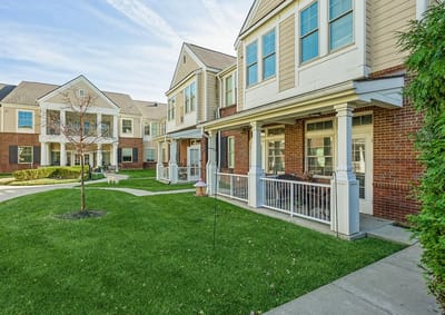 Exterior view of resident buildings with green space
