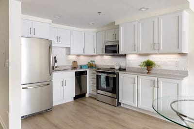 Modern kitchen interior with white cabinetry