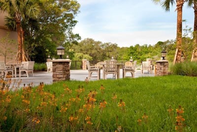 Outdoor seating area with landscaped garden
