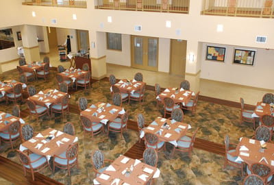 Dining room with neatly arranged tables and chairs