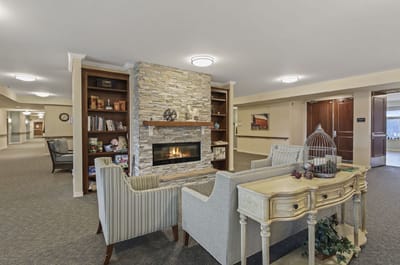 Cozy common area with seating and fireplace