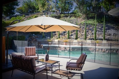 Outdoor seating area by the pool