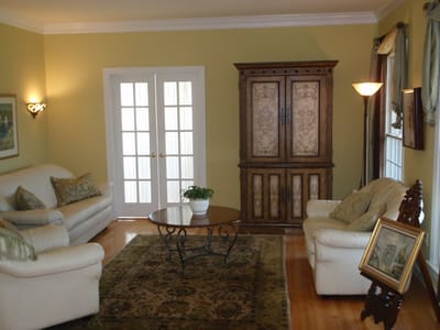 Cozy sitting area with couches and a table