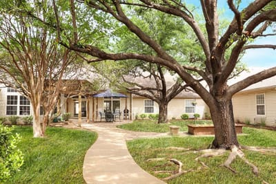 Pathway through outdoor gardens with trees