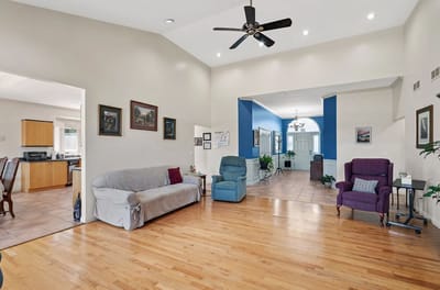 Bright and spacious common area with seating