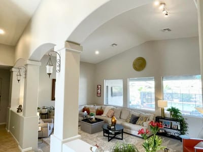 Bright common area with seating and decorations