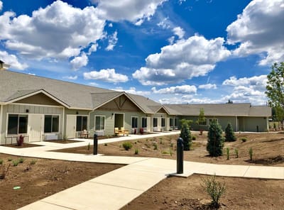 Outdoor view of landscaped pathways and building