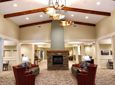 Interior view of a cozy common area with seating