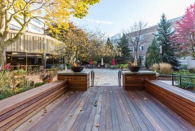 Outdoor space featuring wooden seating and autumn foliage