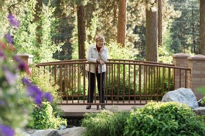 A resident standing on a bridge in a garden