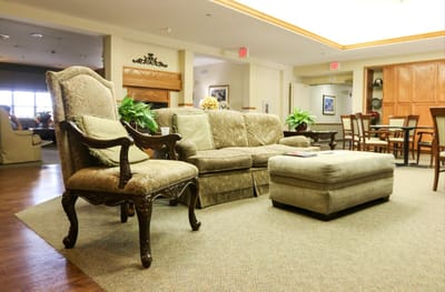 Comfortable common area with seating in a senior living facility