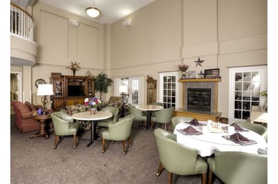 Interior view of a common area with seating and tables