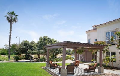 Outdoor patio area with seating and vegetation