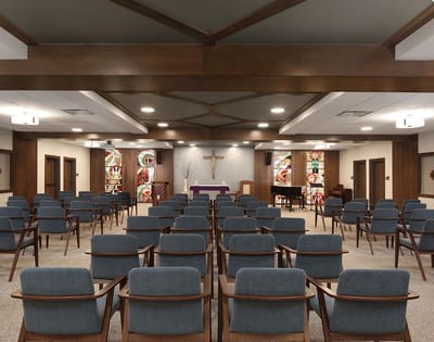 Interior view of a chapel with rows of chairs